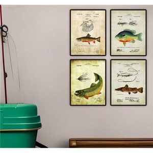Vintage Fishing Bait Lures Creel Patent Art 4 Prints Office Cabin Wall Décor